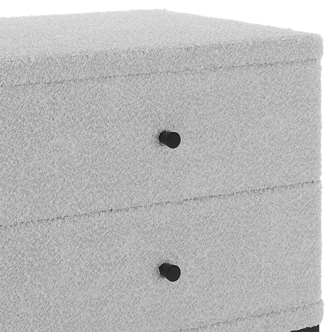 Shona Boucle Upholstered Bedside Table in Grey, featuring two drawers with black pull knobs, upholstered in looped bouclé fabric, showcasing a modern and elegant design.