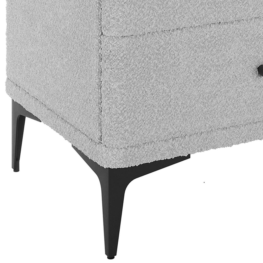 Shona Boucle Upholstered Bedside Table Grey with sleek metal legs, two spacious drawers, and a luxurious boucle fabric finish, emphasizing its elegant and modern design.