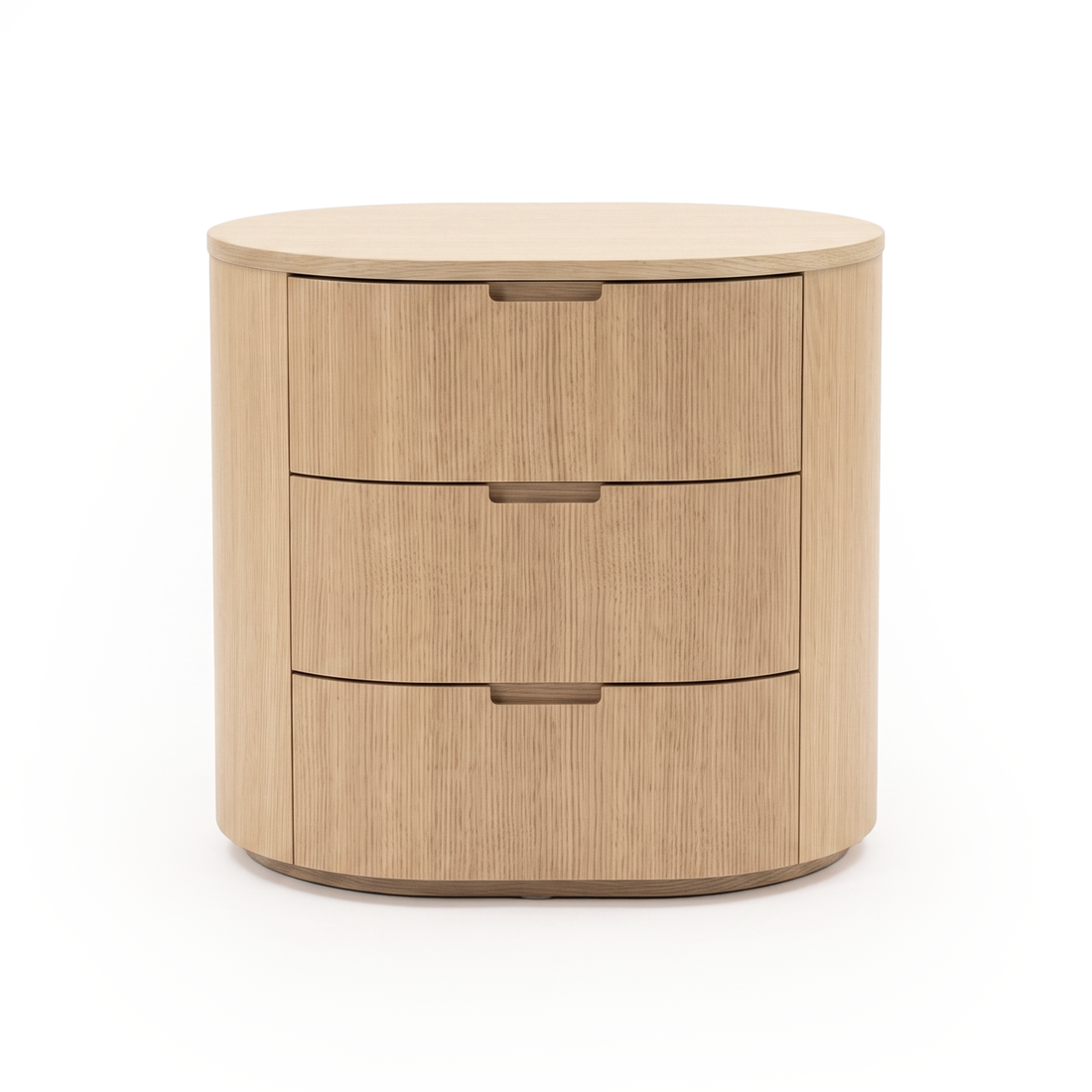 Three-drawer light wood rounded dresser photographed on a white background