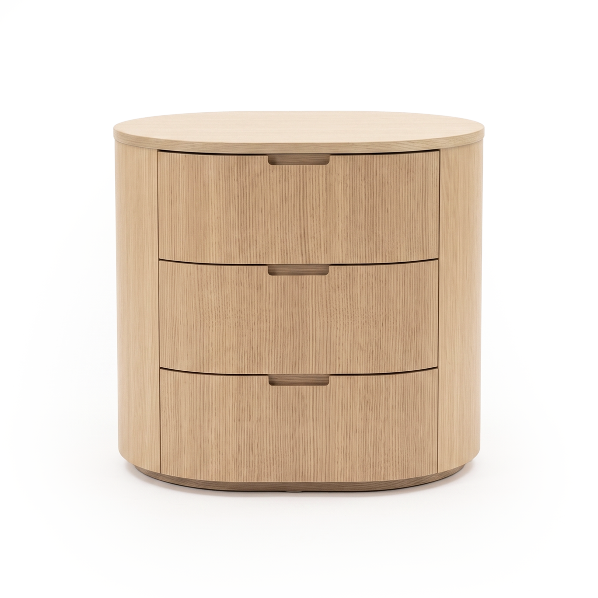Three-drawer light wood rounded dresser photographed on a white background