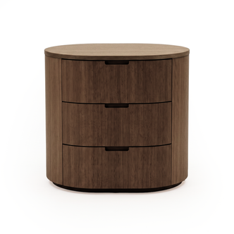 Wooden three-drawer chest on a white background