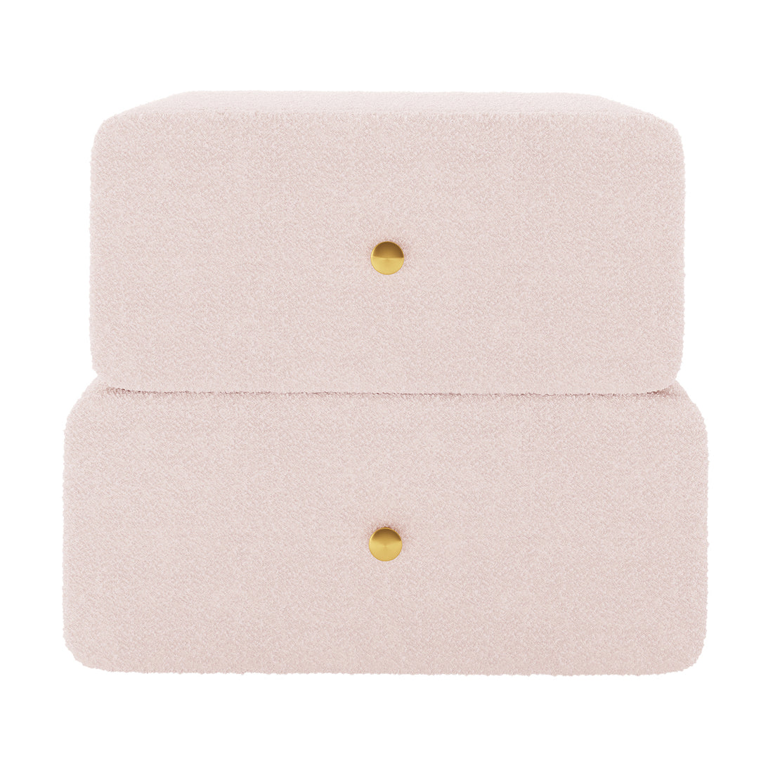 Tyla Boucle Upholstered Bedside Table in Light Pink features two soft, rounded drawers with brass knobs, wrapped in plush boucle fabric, offering a modern, elegant storage solution for bedrooms.