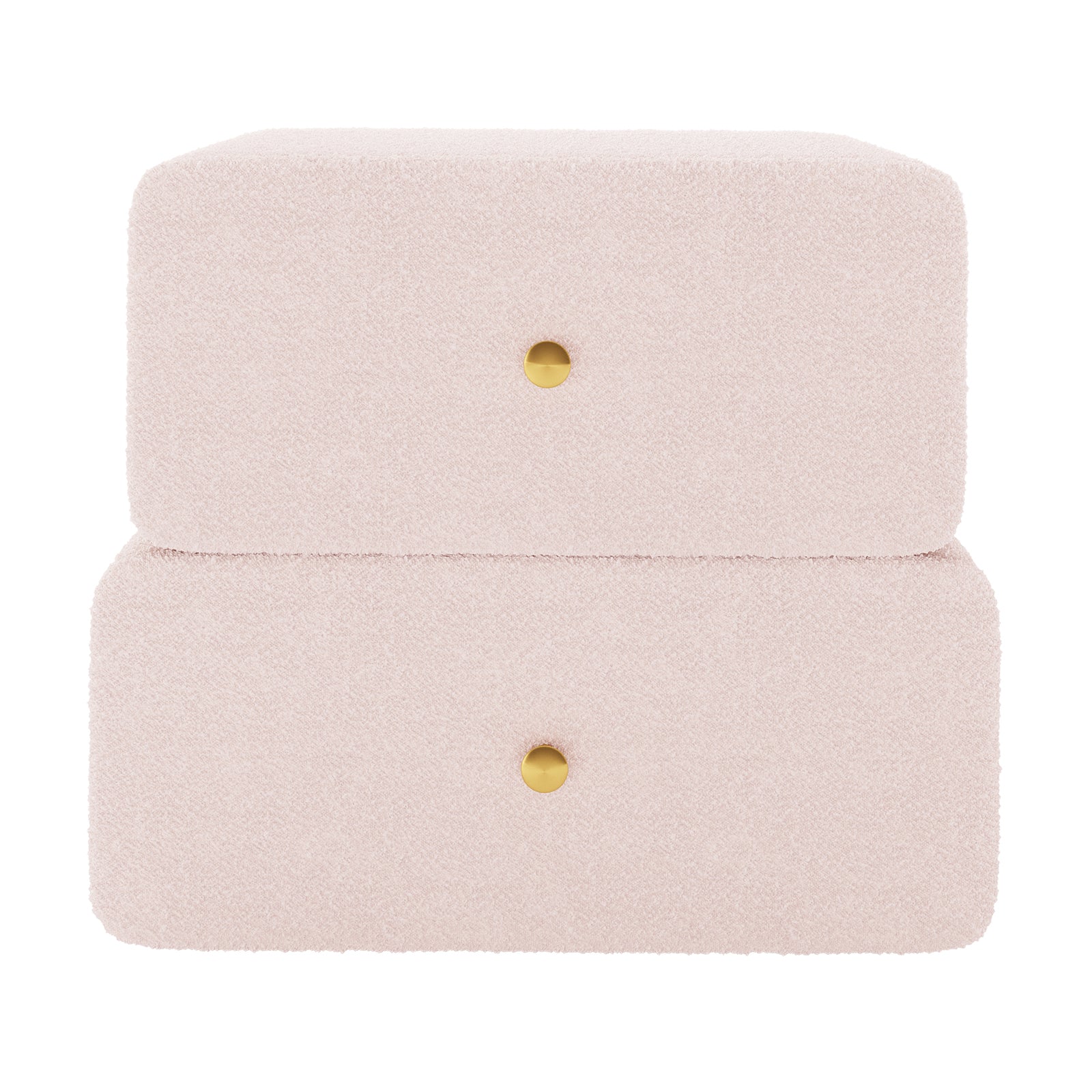 Tyla Boucle Upholstered Bedside Table in Light Pink features two soft, rounded drawers with brass knobs, wrapped in plush boucle fabric, offering a modern, elegant storage solution for bedrooms.