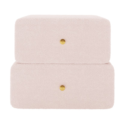 Tyla Boucle Upholstered Bedside Table in Light Pink features two soft, rounded drawers with brass knobs, wrapped in plush boucle fabric, offering a modern, elegant storage solution for bedrooms.