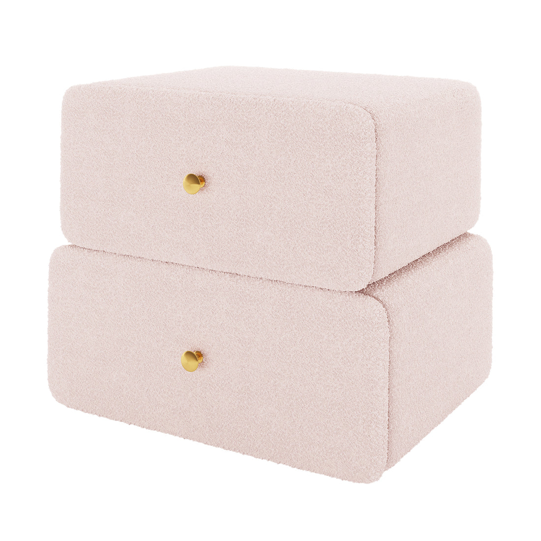 Tyla Boucle Upholstered Bedside Table in Light Pink, featuring two drawers with brass-finished knobs, elegantly wrapped in soft boucle fabric, showcasing modern design and ample storage against a clean backdrop.