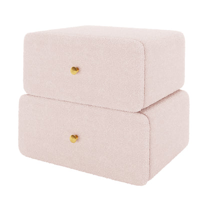 Tyla Boucle Upholstered Bedside Table in Light Pink, featuring two drawers with brass-finished knobs, elegantly wrapped in soft boucle fabric, showcasing modern design and ample storage against a clean backdrop.