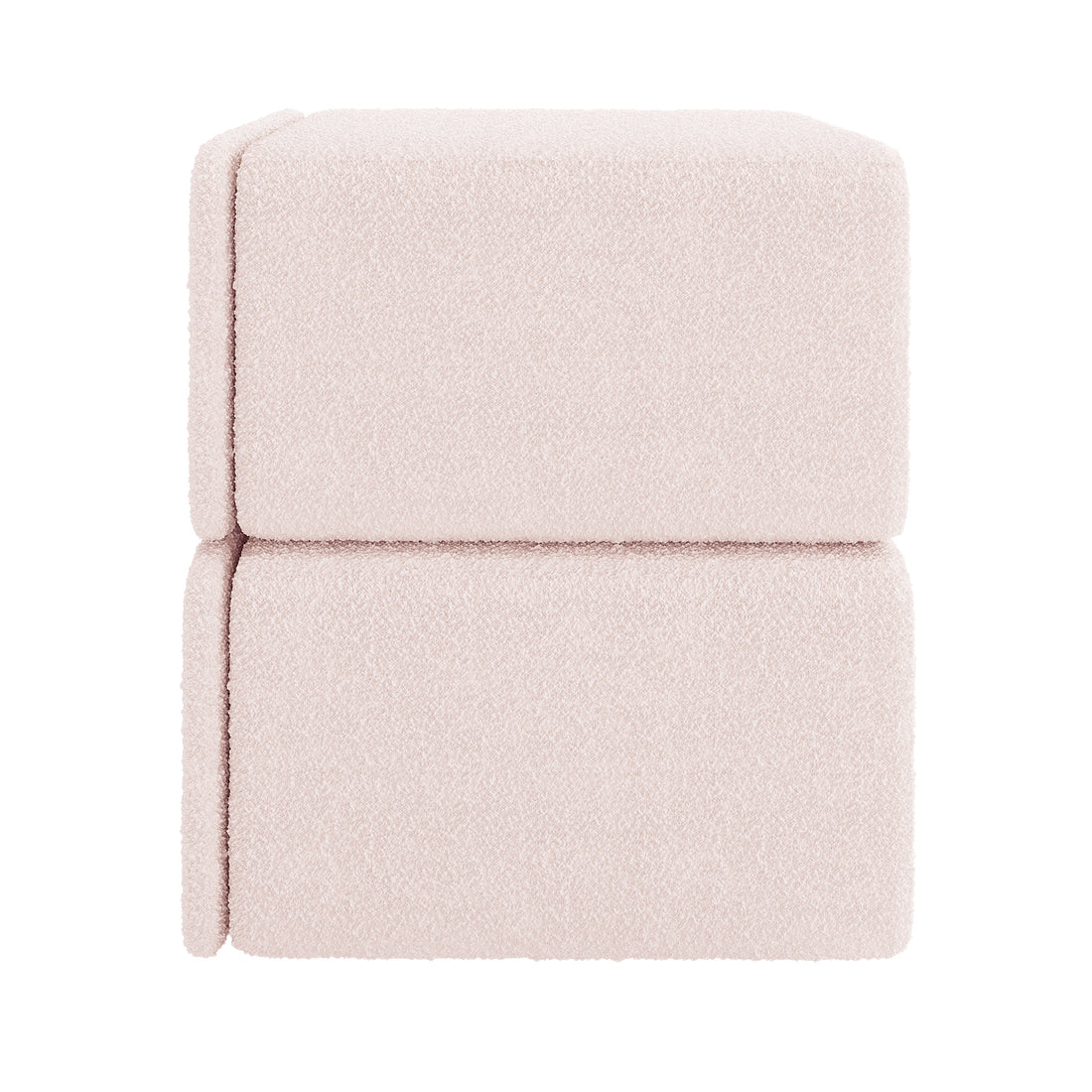 Tyla Upholstered Boucle Bedside Table in Light Pink, featuring two cube-shaped, soft-textured modules stacked, showcasing its plush boucle fabric and modern design.