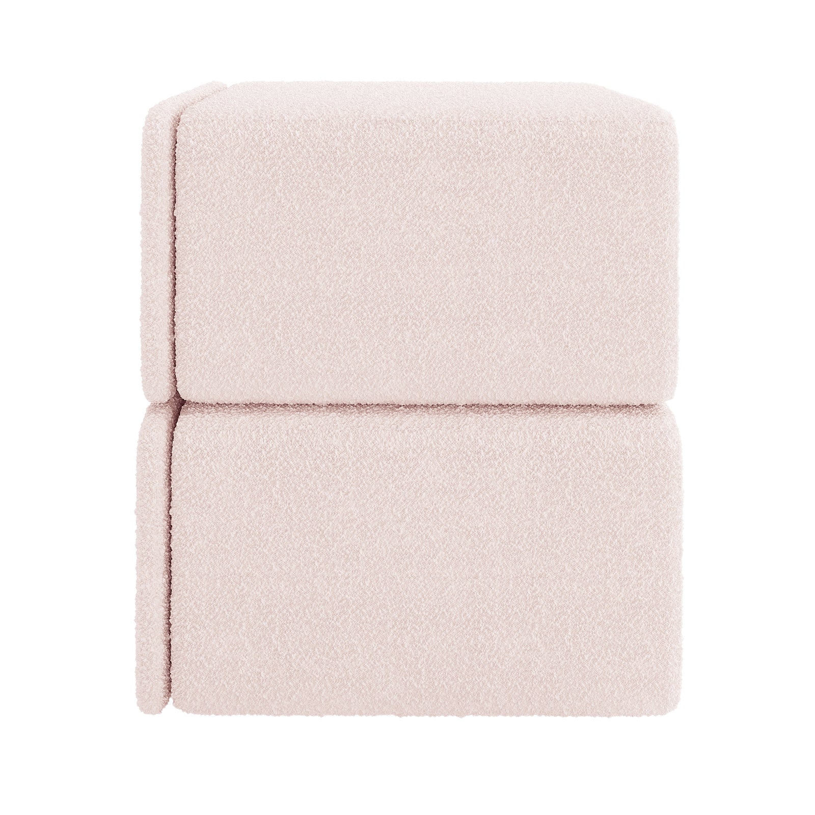 Tyla Upholstered Boucle Bedside Table in Light Pink, featuring two cube-shaped, soft-textured modules stacked, showcasing its plush boucle fabric and modern design.