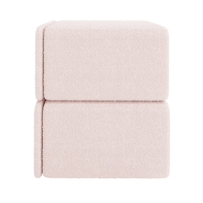 Tyla Upholstered Boucle Bedside Table in Light Pink, featuring two cube-shaped, soft-textured modules stacked, showcasing its plush boucle fabric and modern design.