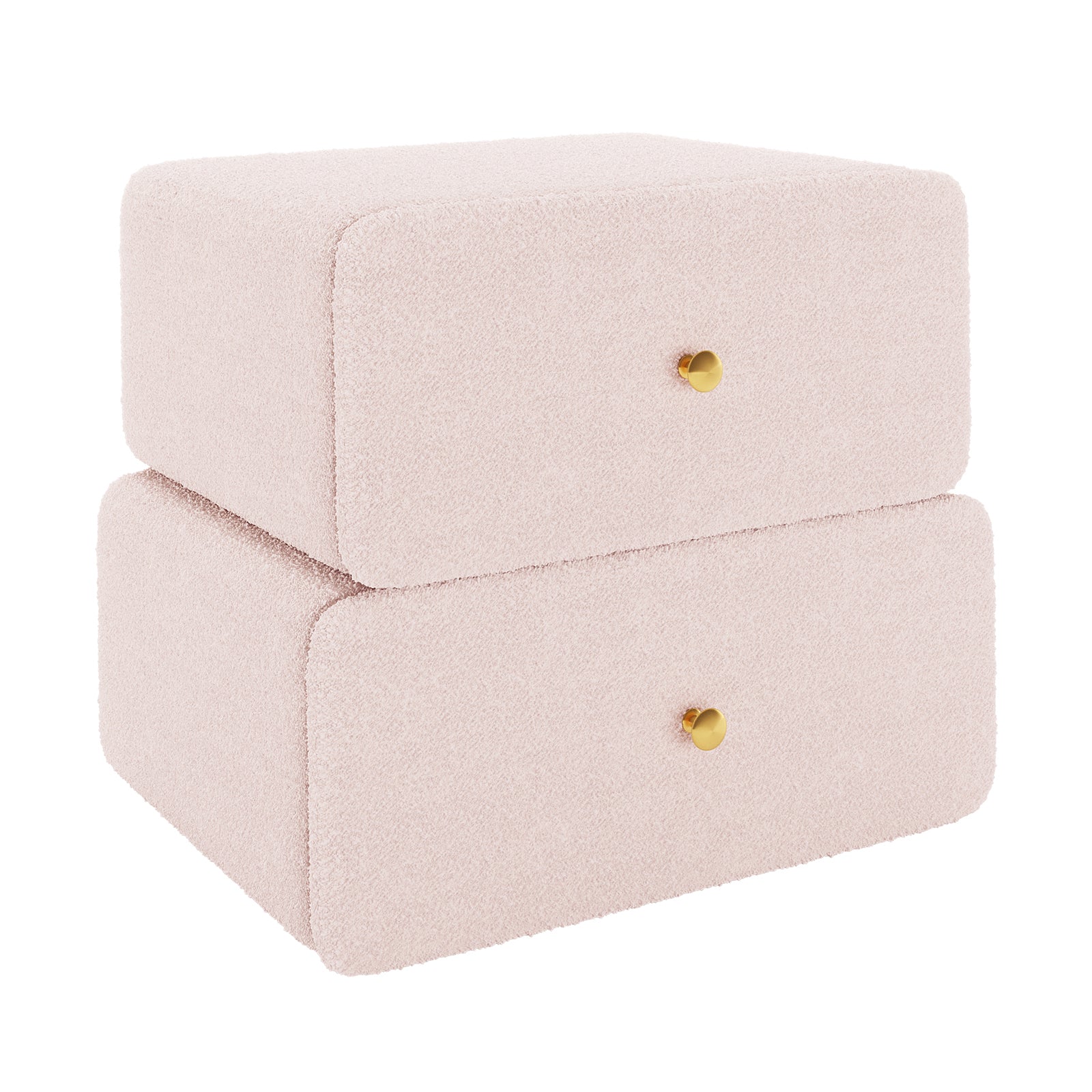 Tyla Boucle Upholstered Bedside Table in Light Pink featuring two blush-pink, bouclé-upholstered drawer boxes with brass knobs, offering a minimalist and elegant storage solution for modern bedrooms.