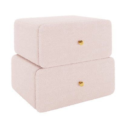 Tyla Boucle Upholstered Bedside Table in Light Pink featuring two blush-pink, bouclé-upholstered drawer boxes with brass knobs, offering a minimalist and elegant storage solution for modern bedrooms.