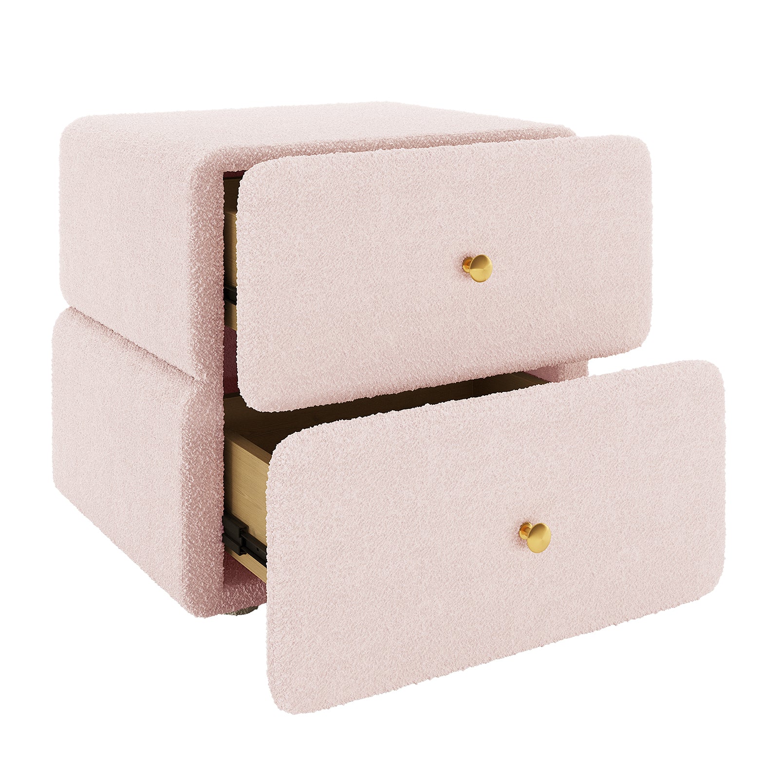 Tyla Upholstered Boucle Bedside Table in Light Pink, featuring two partially open drawers with brass knobs, wrapped in textured bouclé fabric, showing unfinished wood interiors, offering elegant bedroom storage.