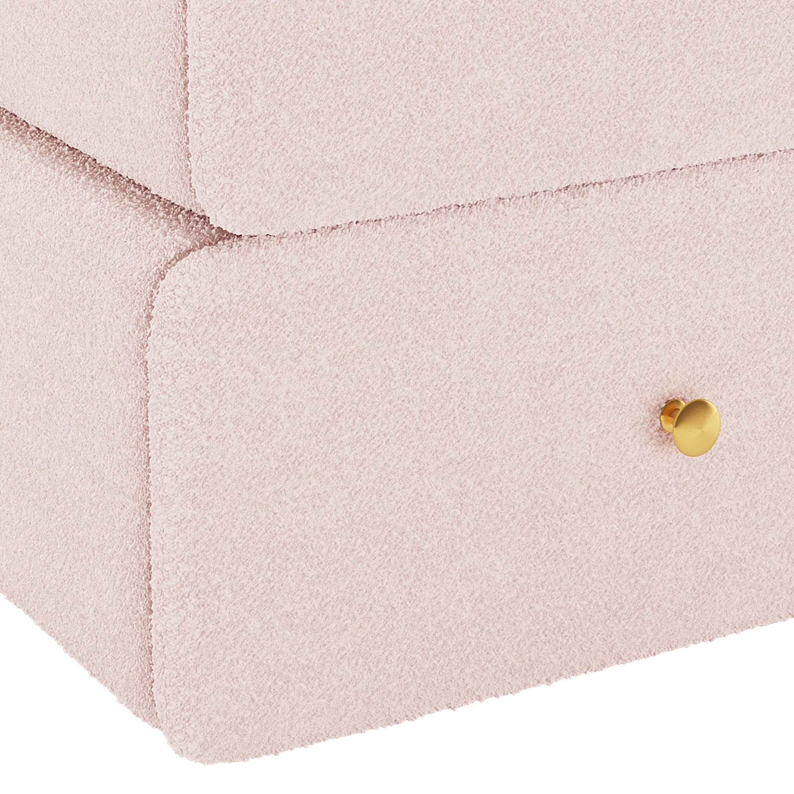 Close-up of the Tyla Boucle Upholstered Bedside Table in Light Pink, featuring a plush bouclé fabric, rounded drawer edges, and a gold knob on the lower drawer, showcasing modern elegance.