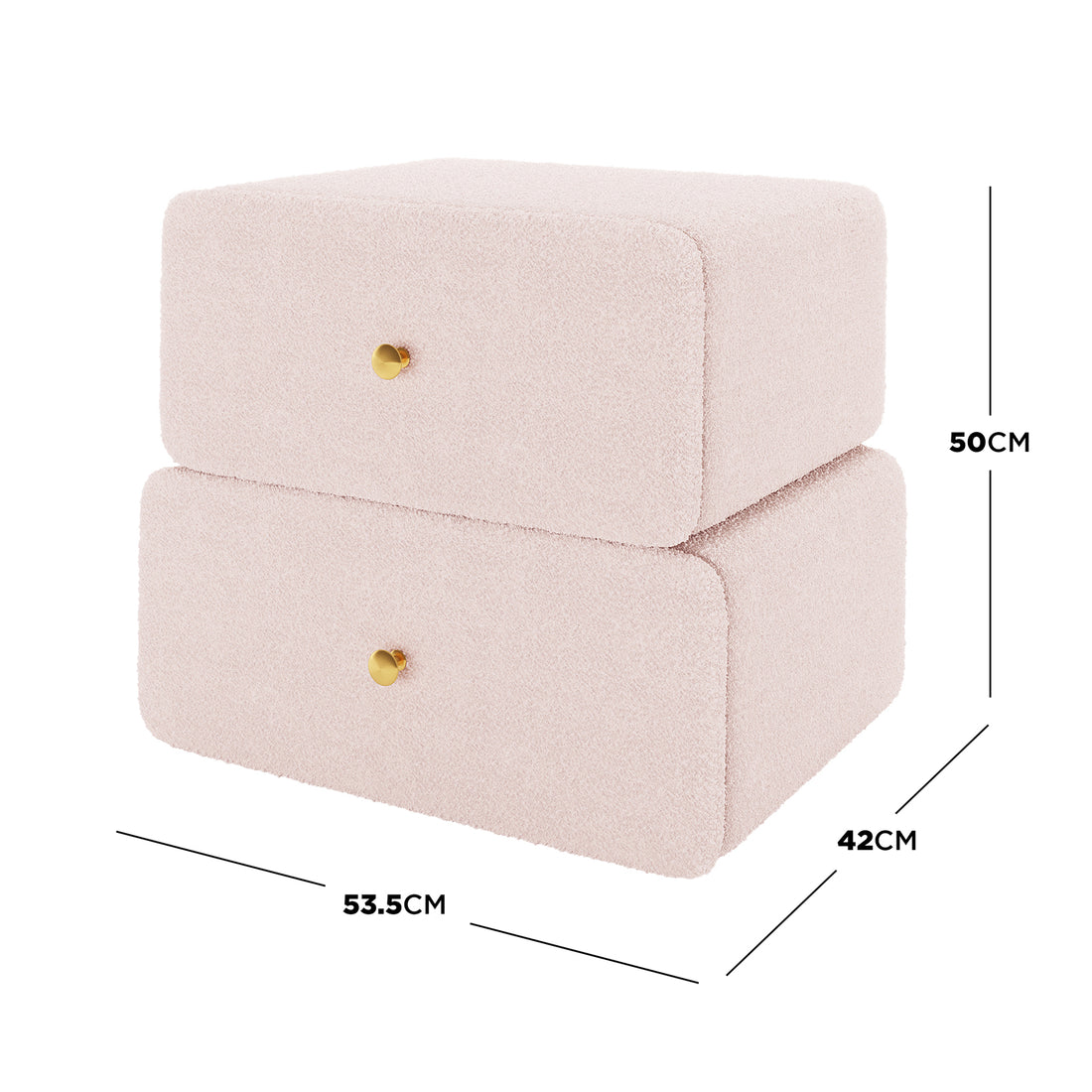 Tyla Boucle Upholstered Bedside Table in Light Pink, box-shaped with two drawers, brass knobs, and pale pink bouclé fabric, measuring 53.5cm wide, 42cm deep, and 50cm tall.