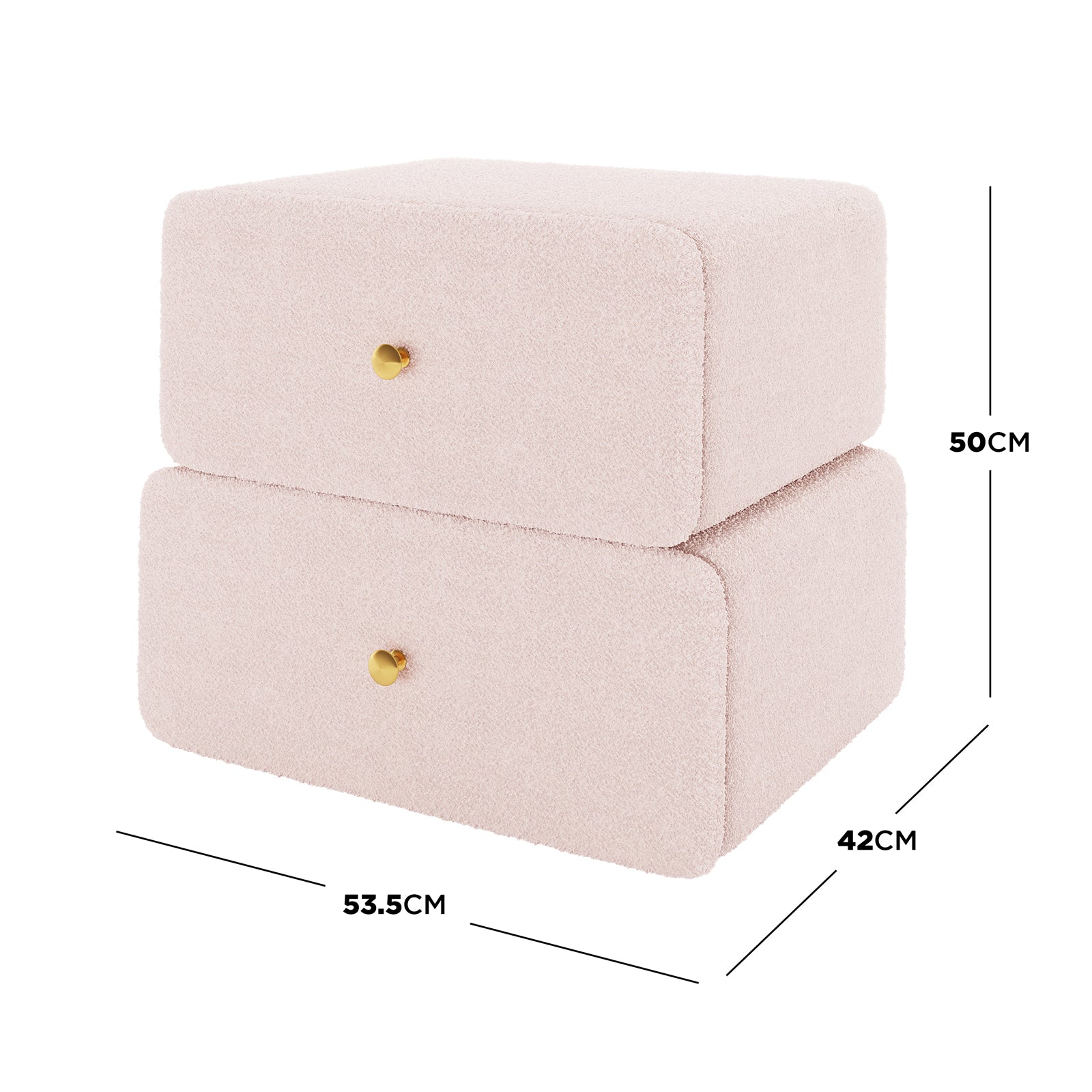 Tyla Boucle Upholstered Bedside Table in Light Pink, box-shaped with two drawers, brass knobs, and pale pink bouclé fabric, measuring 53.5cm wide, 42cm deep, and 50cm tall.