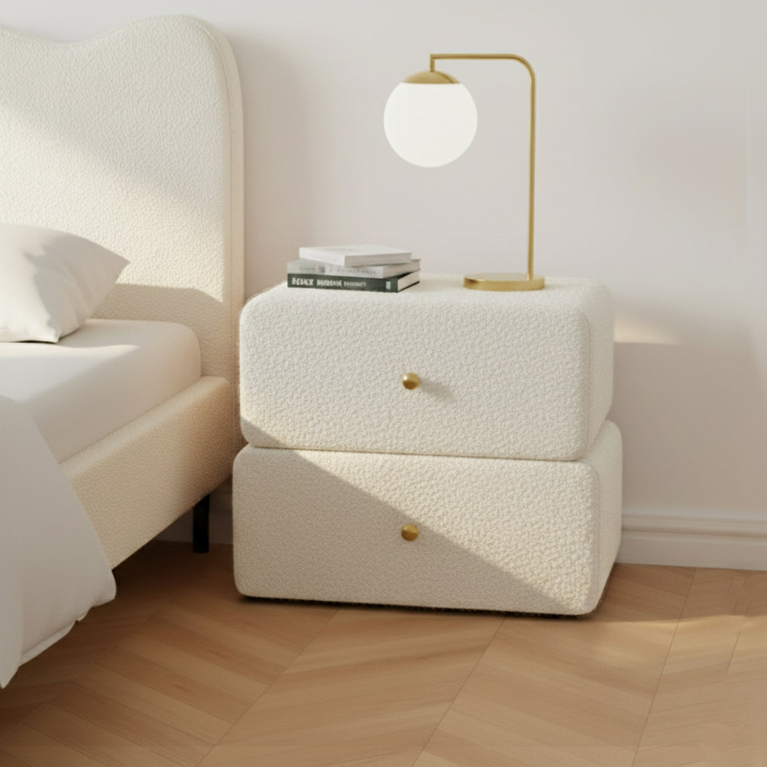 Tyla Boucle Bedside Table in Cream White beside a matching upholstered bed, featuring two drawers with brass knobs, topped with books and a lamp, set on a herringbone-patterned floor.