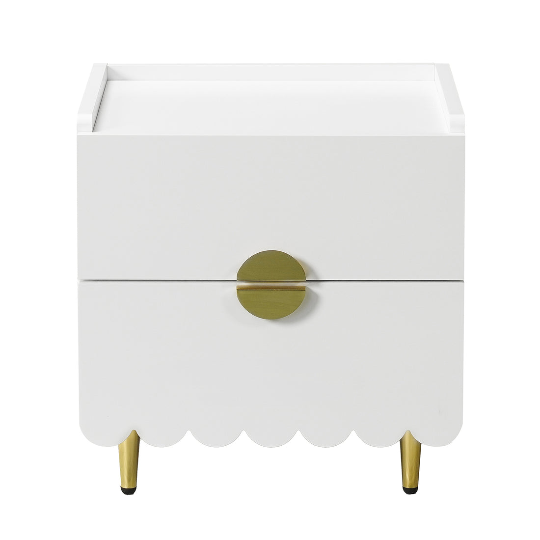 Venroy 45cm Bedside Table with 2 Drawers in White, featuring a modern design with white finish, scalloped edges, brass-colored drawer pulls, and tapered metal legs, offering style and functionality.