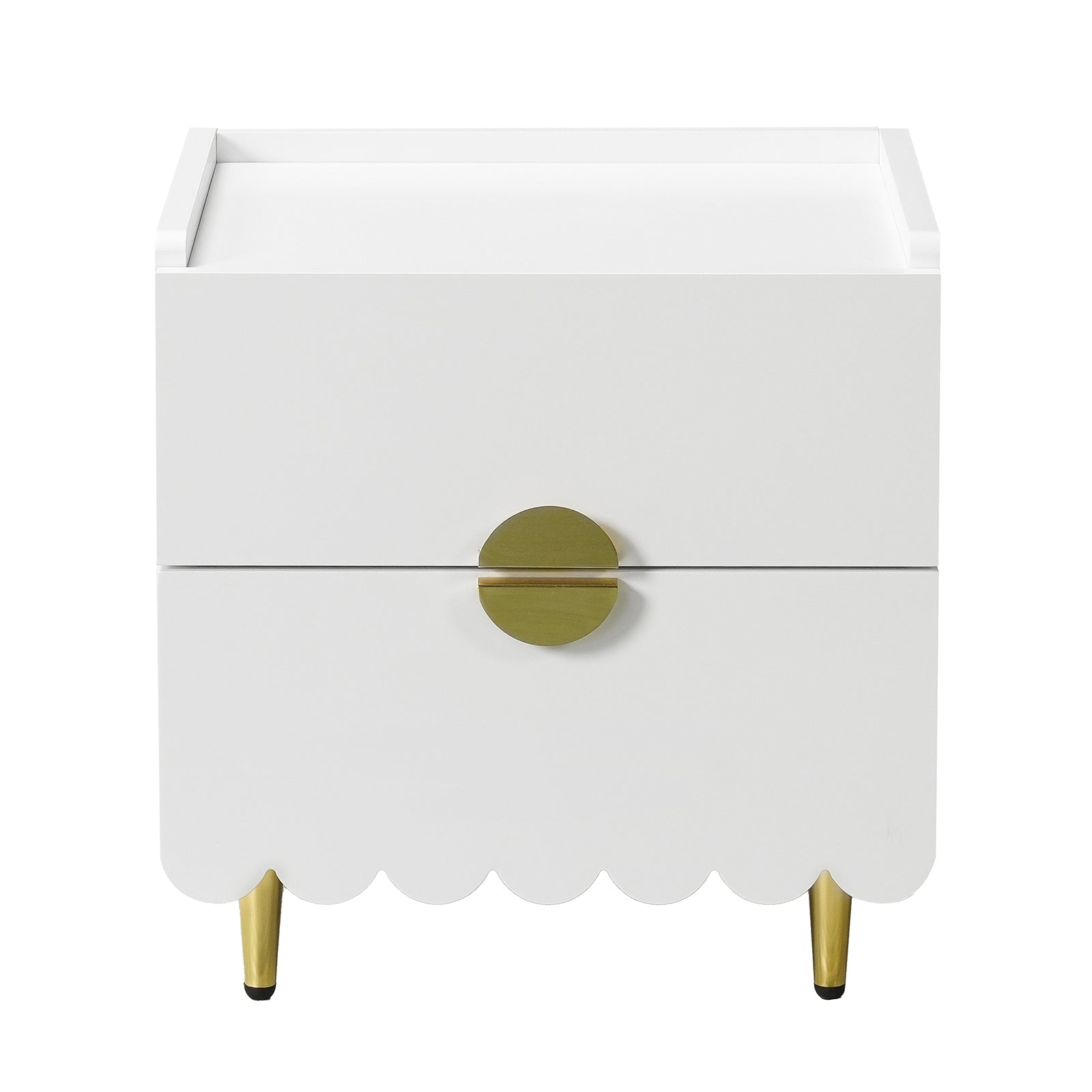 Venroy 45cm Bedside Table with 2 Drawers in White, featuring a modern design with white finish, scalloped edges, brass-colored drawer pulls, and tapered metal legs, offering style and functionality.