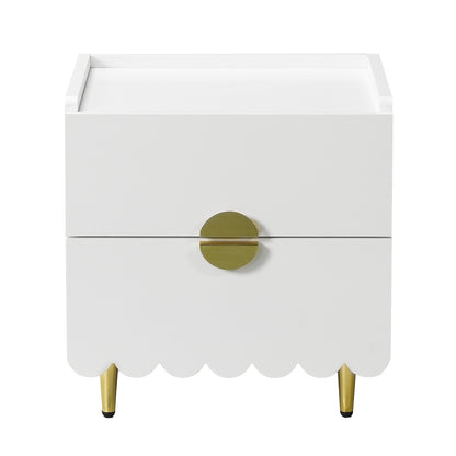 Venroy 45cm Bedside Table with 2 Drawers in White, featuring a modern design with white finish, scalloped edges, brass-colored drawer pulls, and tapered metal legs, offering style and functionality.