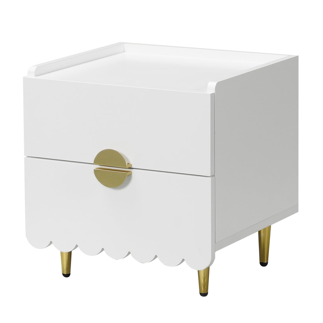 Venroy 45cm Bedside Table with 2 Drawers in White featuring glossy finish, gold half-circle pulls forming full circles, scalloped edge, and gold tapered legs for a modern, elegant look.
