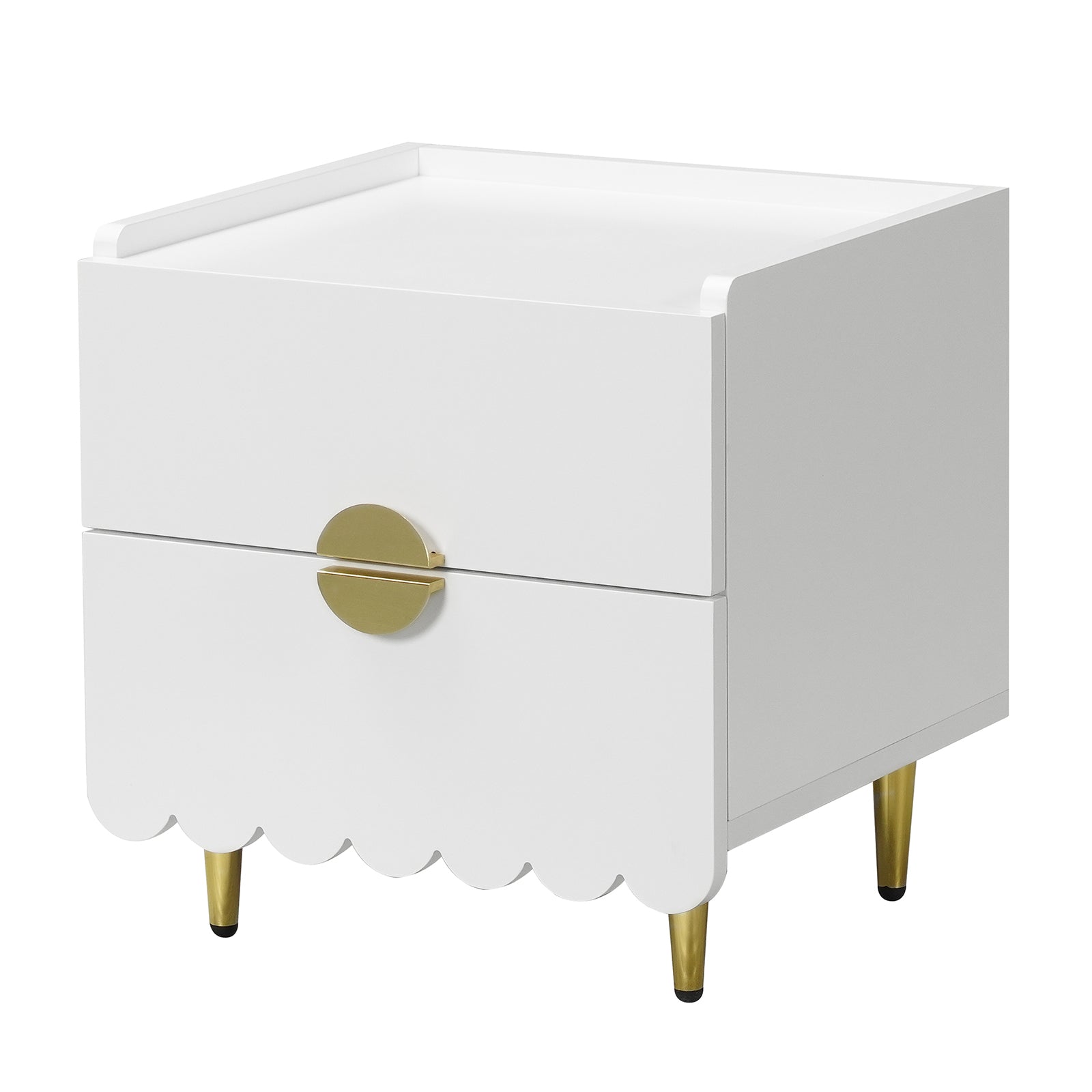 Venroy 45cm Bedside Table with 2 Drawers in White featuring glossy finish, gold half-circle pulls forming full circles, scalloped edge, and gold tapered legs for a modern, elegant look.
