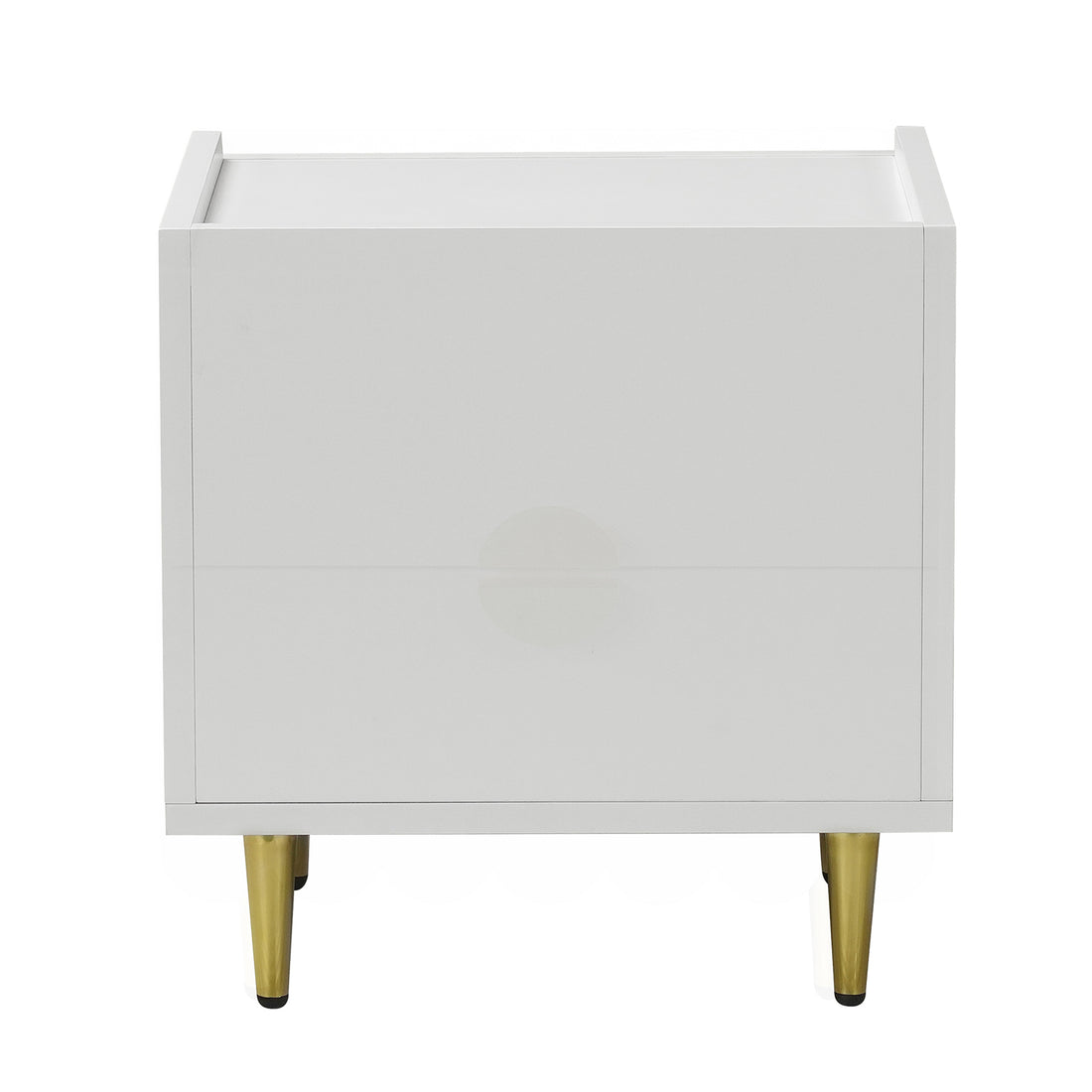 Venroy 45cm Bedside Table with 2 Drawers in White features a sleek design with two drawers, brass-gold tapered legs, and scallop-inspired edges, offering modern elegance and functionality.
