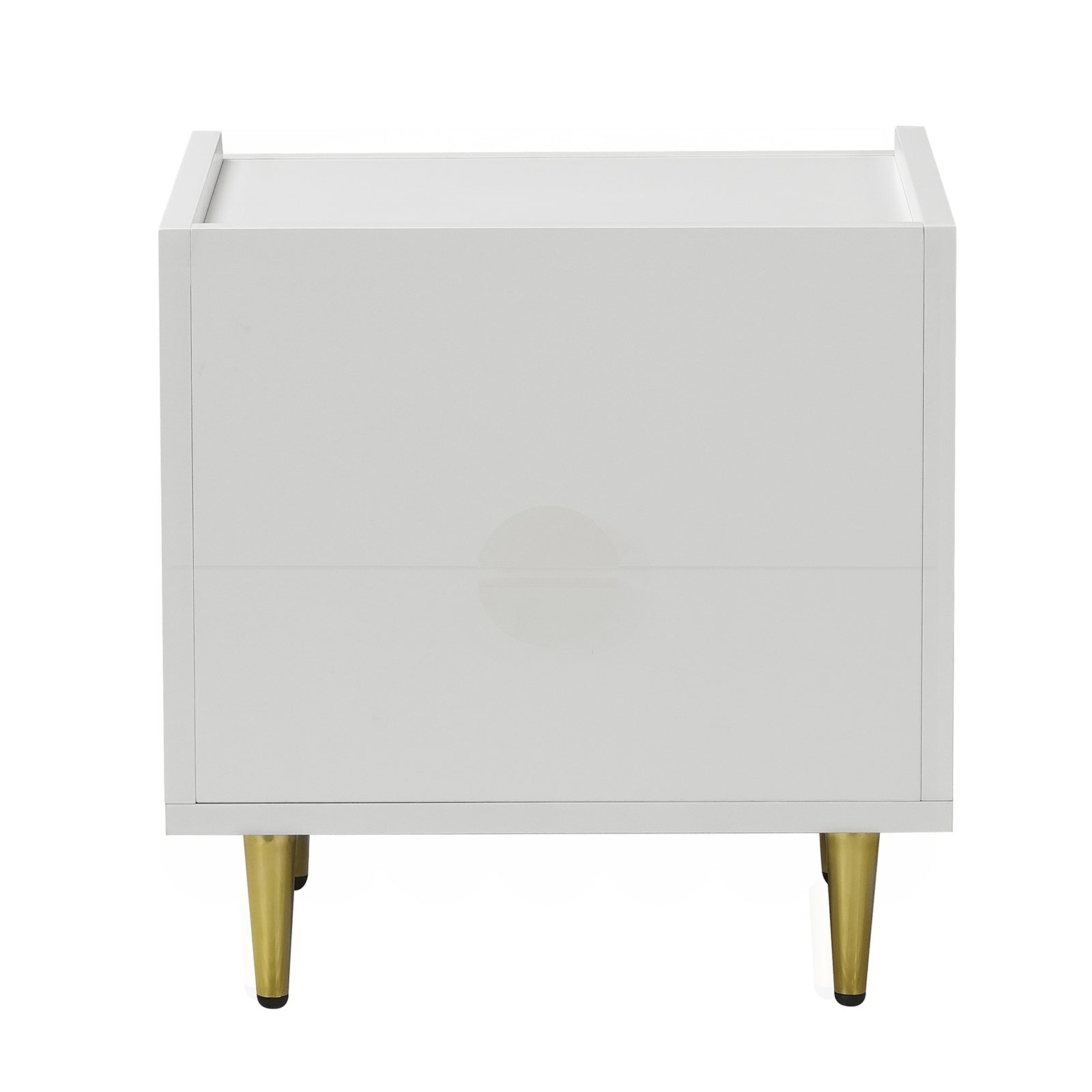 Venroy 45cm Bedside Table with 2 Drawers in White features a sleek design with two drawers, brass-gold tapered legs, and scallop-inspired edges, offering modern elegance and functionality.
