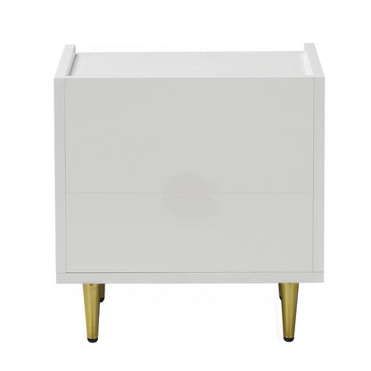 Venroy 45cm Bedside Table with 2 Drawers in White features a sleek design with two drawers, brass-gold tapered legs, and scallop-inspired edges, offering modern elegance and functionality.