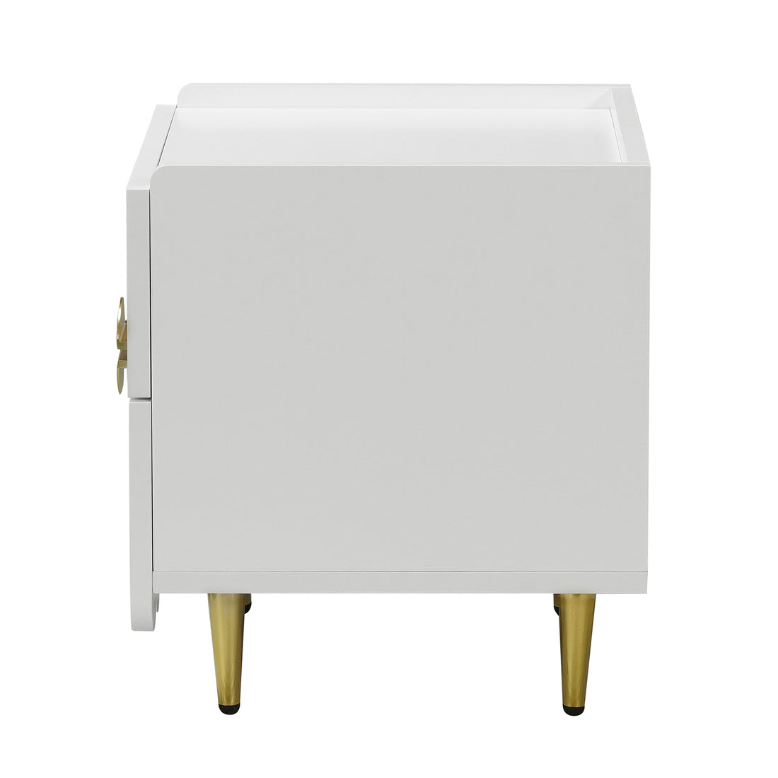 Venroy 45cm Bedside Table with 2 Drawers in White, featuring a modern matte finish, tapered brass-colored legs, and a raised lip around the tabletop, offering a sleek mid-century modern aesthetic.