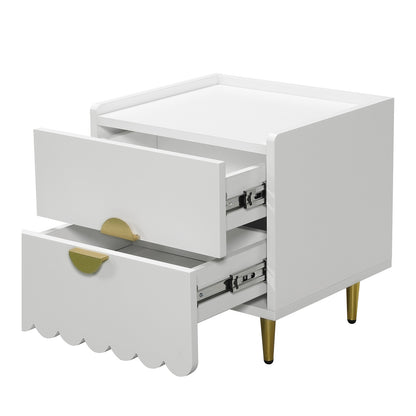 Venroy 45cm Bedside Table with 2 Drawers in White features a modern design with gold-tone metal drawer pulls and tapered legs, showcasing sleek lines and a scalloped lower drawer edge.