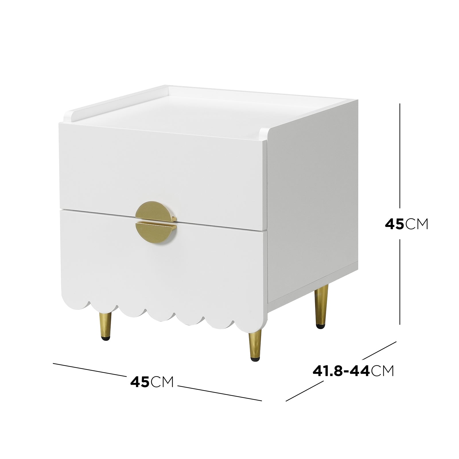 Venroy 45cm Bedside Table with 2 Drawers in White, featuring a modern design with a smooth finish, scalloped edge bottom drawer, round gold-tone pull, and gold tapered legs.