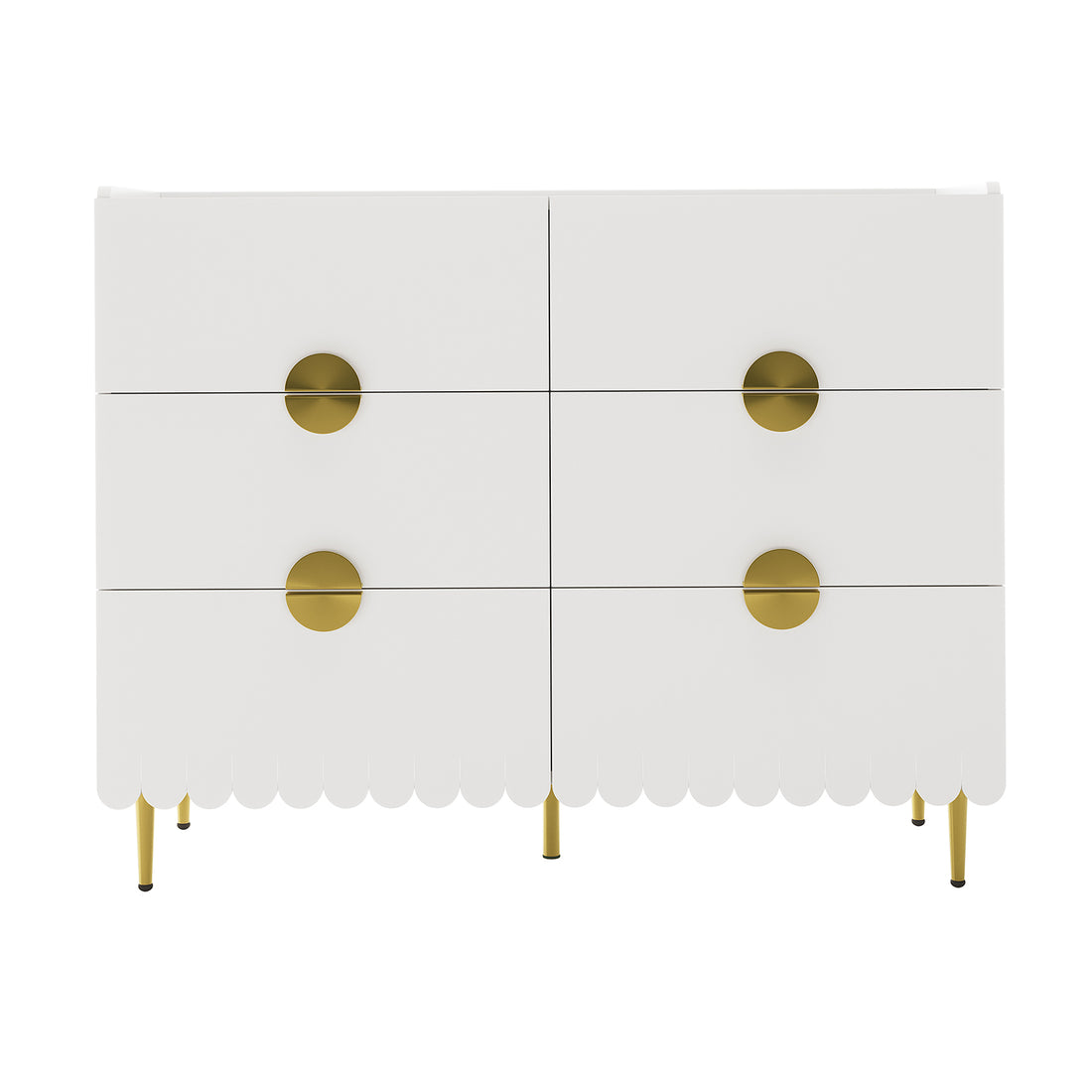 Venroy 120cm Lowboy with 8 Drawers in White features a modern design with scalloped edges, gold round pulls, and slender gold-tone legs, emphasizing style and functionality.