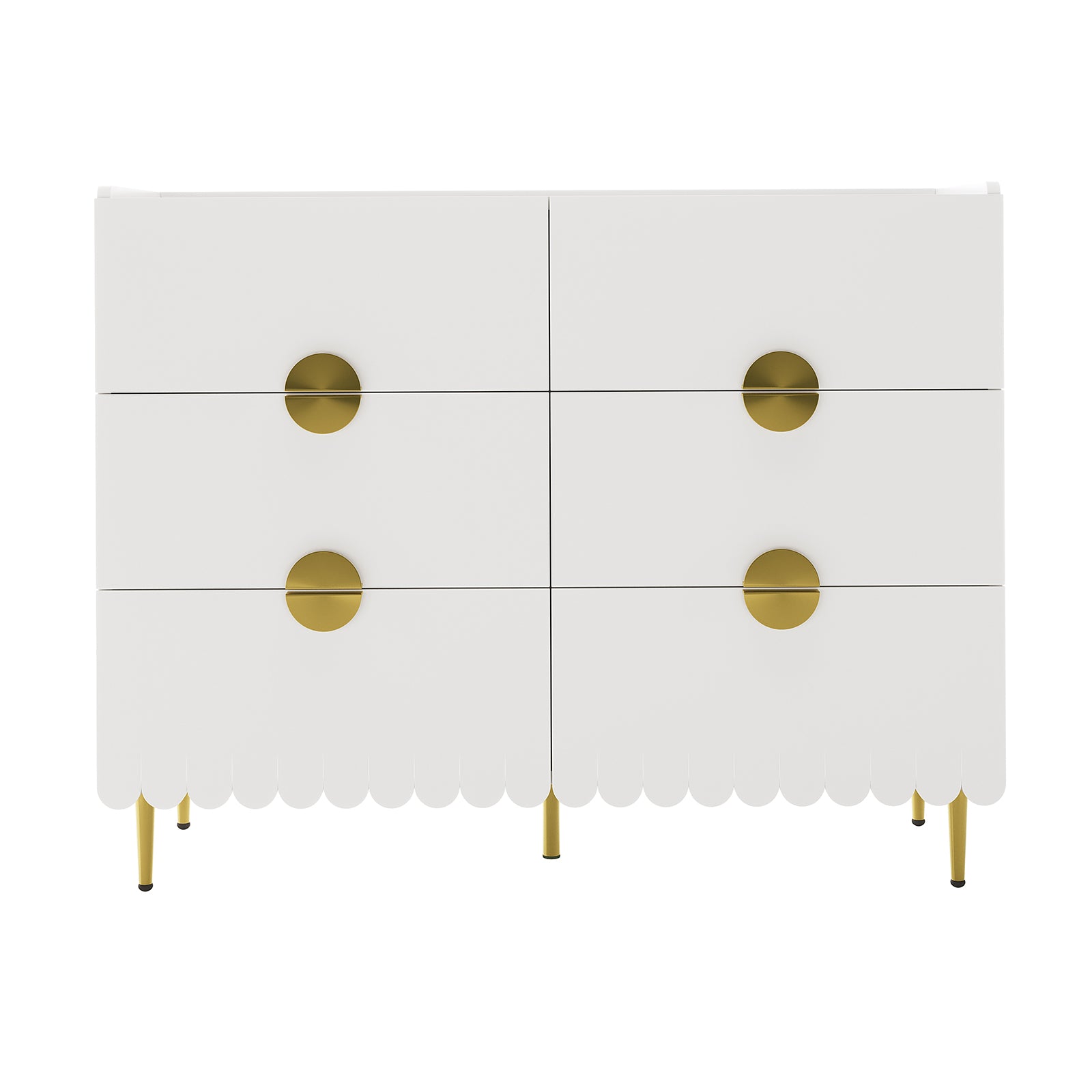 Venroy 120cm Lowboy with 8 Drawers in White features a modern design with scalloped edges, gold round pulls, and slender gold-tone legs, emphasizing style and functionality.