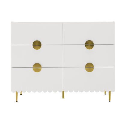 Venroy 120cm Lowboy with 8 Drawers in White features a modern design with scalloped edges, gold round pulls, and slender gold-tone legs, emphasizing style and functionality.