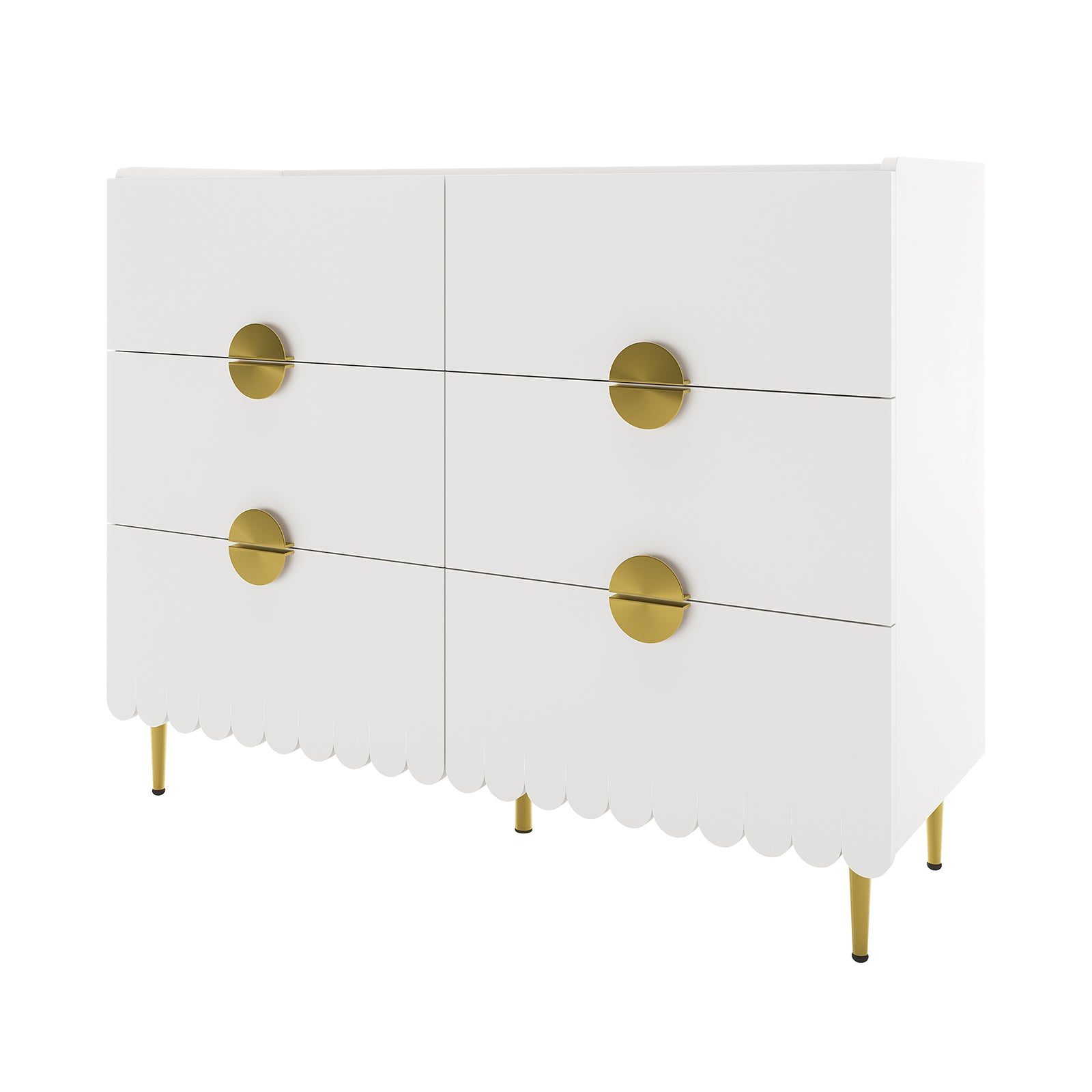 Venroy 120cm Lowboy with 8 Drawers in White features a modern design with scalloped edges, matte finish, circular brass-tone pulls, and slender gold-tone legs, blending elegance and functionality.