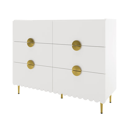Venroy 120cm Lowboy with 8 Drawers in White features a modern design with scalloped edges, matte finish, circular brass-tone pulls, and slender gold-tone legs, blending elegance and functionality.