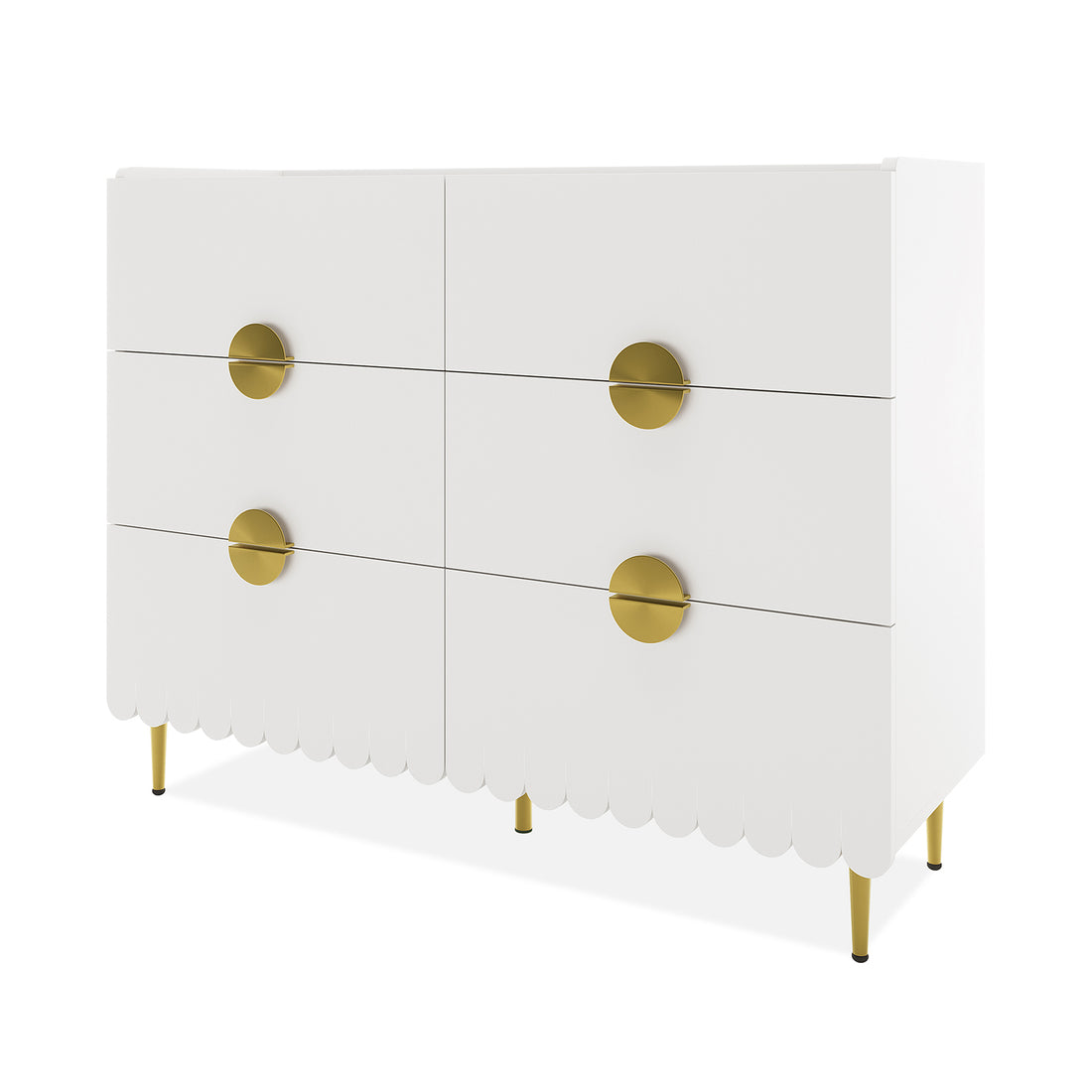 Venroy 120cm Lowboy with 8 Drawers in White features a modern design with scalloped edges, gold round pulls, and slender tapered legs, offering ample storage with a sleek, elegant look.