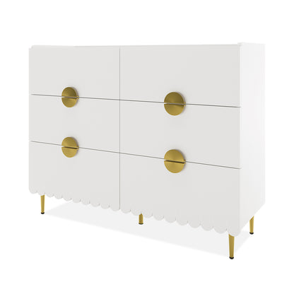 Venroy 120cm Lowboy with 8 Drawers in White features a modern design with scalloped edges, gold round pulls, and slender tapered legs, offering ample storage with a sleek, elegant look.