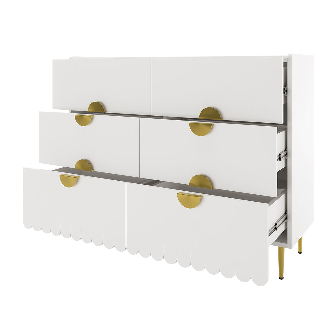 Venroy 120cm Lowboy with 8 Drawers in White, featuring a matte finish, scalloped trim, brass-colored pulls, and tapered legs, several drawers slightly open showing interior and slide rails.
