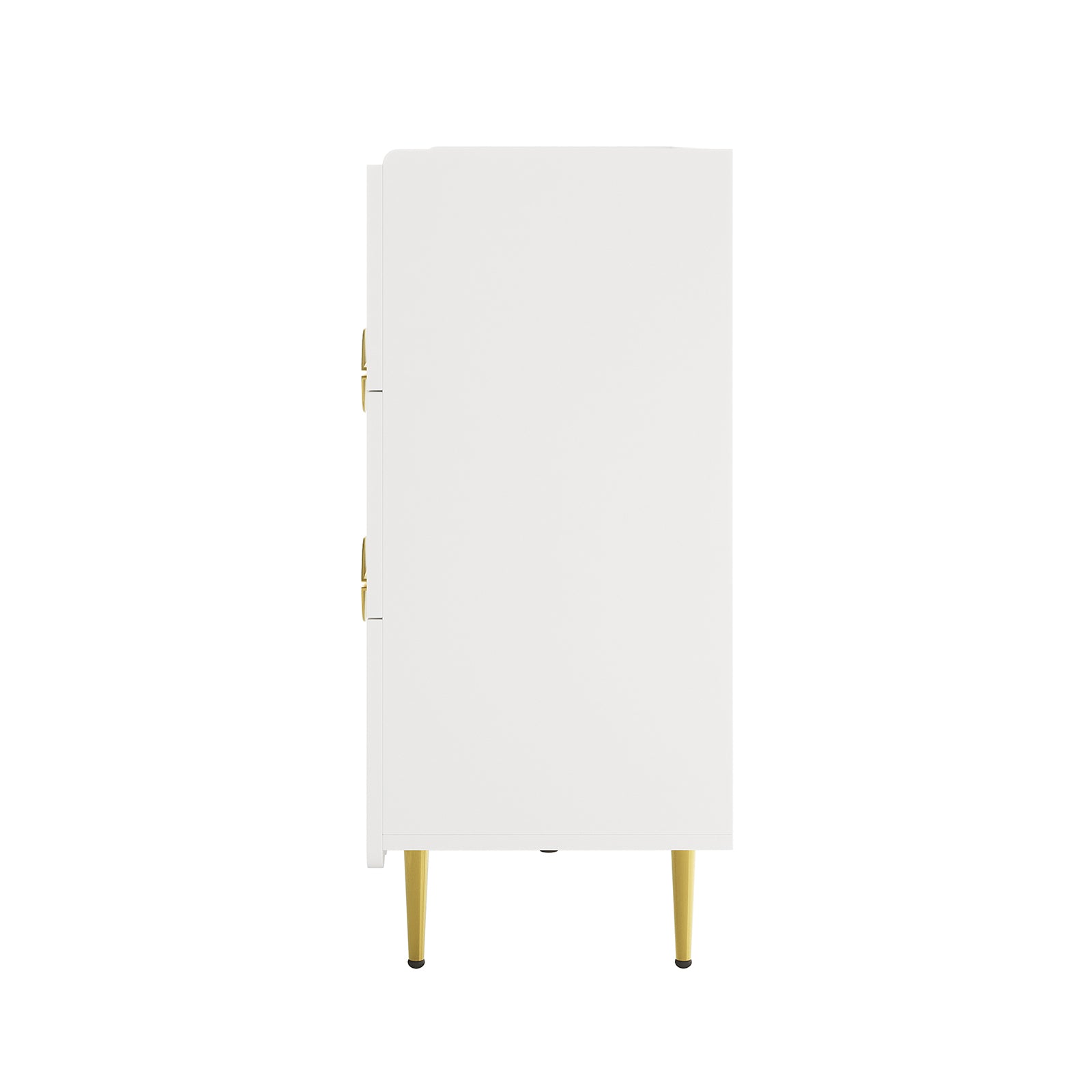 Venroy 120cm Lowboy with 8 Drawers in White, showcasing a minimalist design with a matte white finish, slim gold legs, and visible brass-toned handles, highlighting modern elegance and functionality.