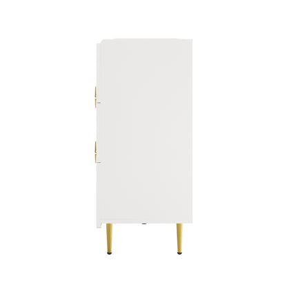 Venroy 120cm Lowboy with 8 Drawers in White, showcasing a minimalist design with a matte white finish, slim gold legs, and visible brass-toned handles, highlighting modern elegance and functionality.