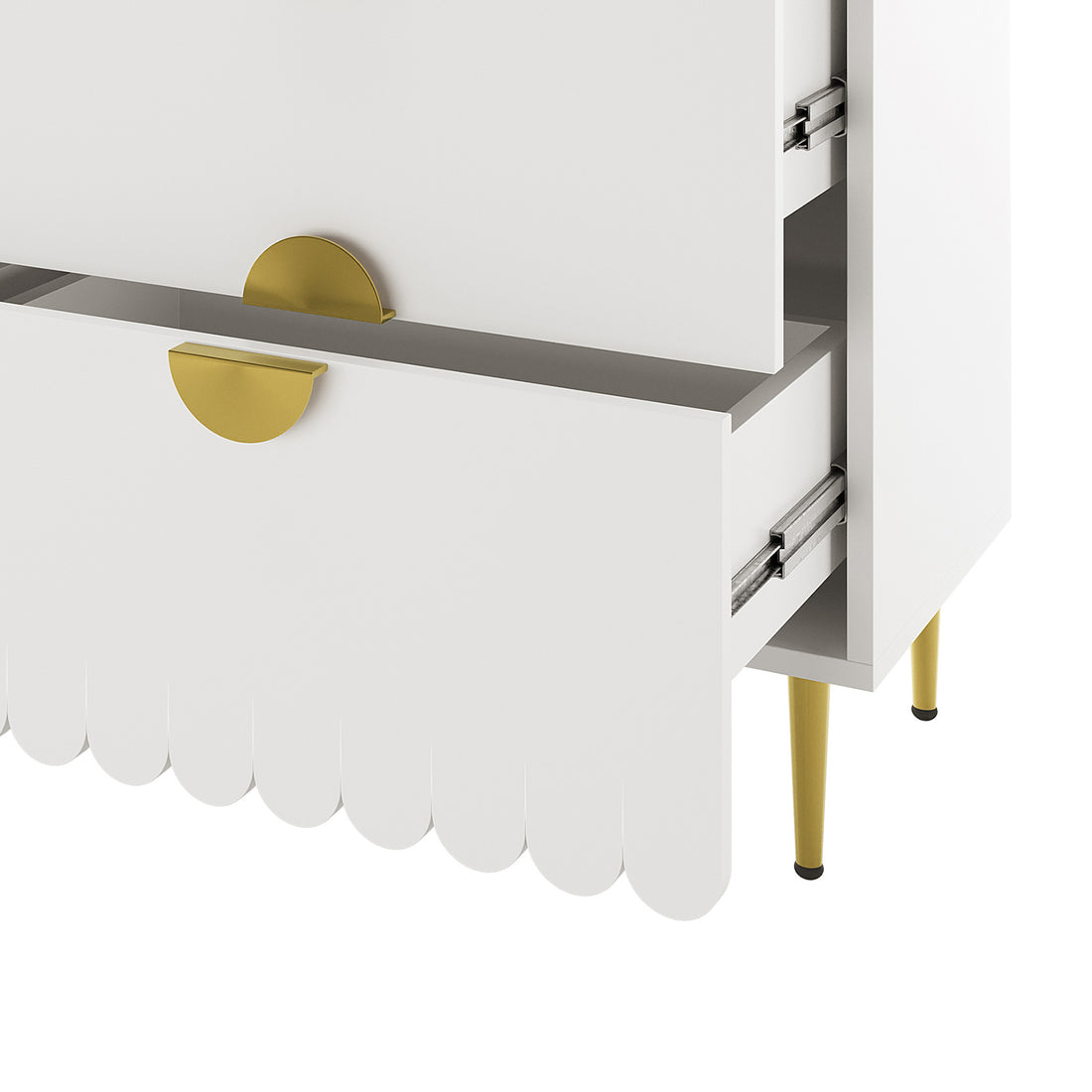 Venroy 120cm Lowboy with 8 Drawers in White, featuring semi-circular brass pulls, scalloped trim, exposed metal slides, and tapered brass legs, exemplifying a sleek, modern design.