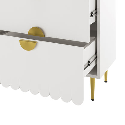 Venroy 120cm Lowboy with 8 Drawers in White, featuring semi-circular brass pulls, scalloped trim, exposed metal slides, and tapered brass legs, exemplifying a sleek, modern design.