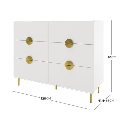 Venroy 120cm Lowboy with 8 Drawers in White, featuring scallop-trimmed edges, oversized gold handles, and slim gold-tapered legs, offering a modern, elegant storage solution for stylish interiors.