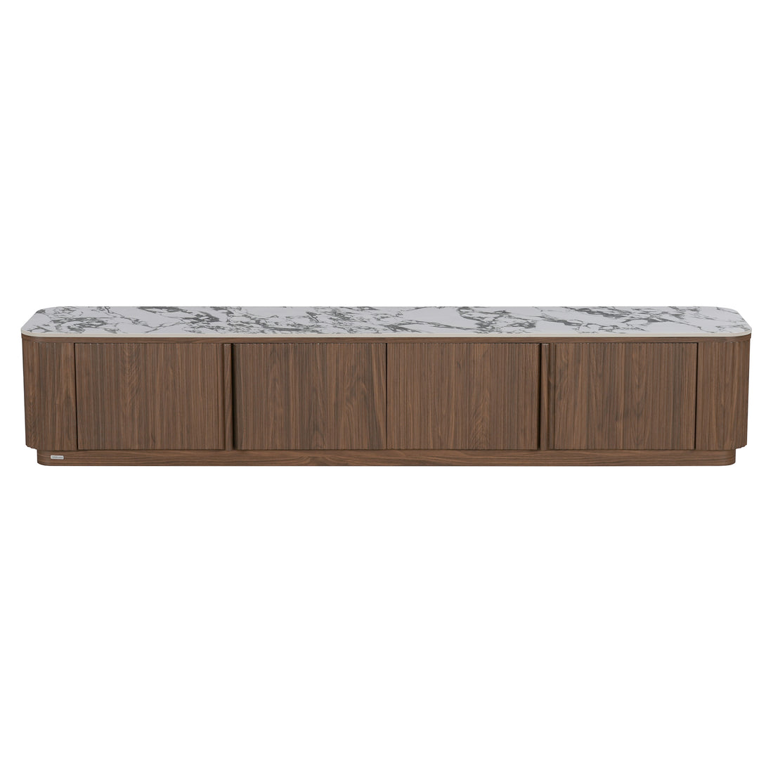 Modern walnut media console with marble-look top on white background