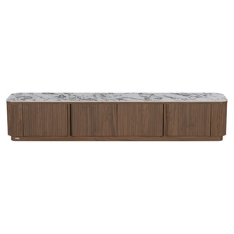 Modern walnut media console with marble-look top on white background