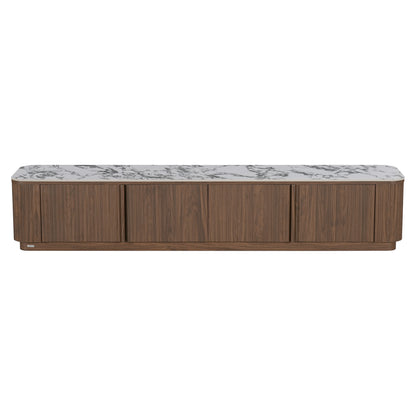 Modern walnut media console with marble-look top on white background