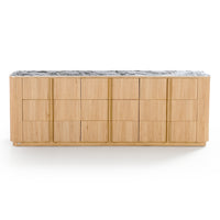 Light oak sideboard with sintered stone marble-look top, rounded edges, and vertical groove detailing on cabinet doors