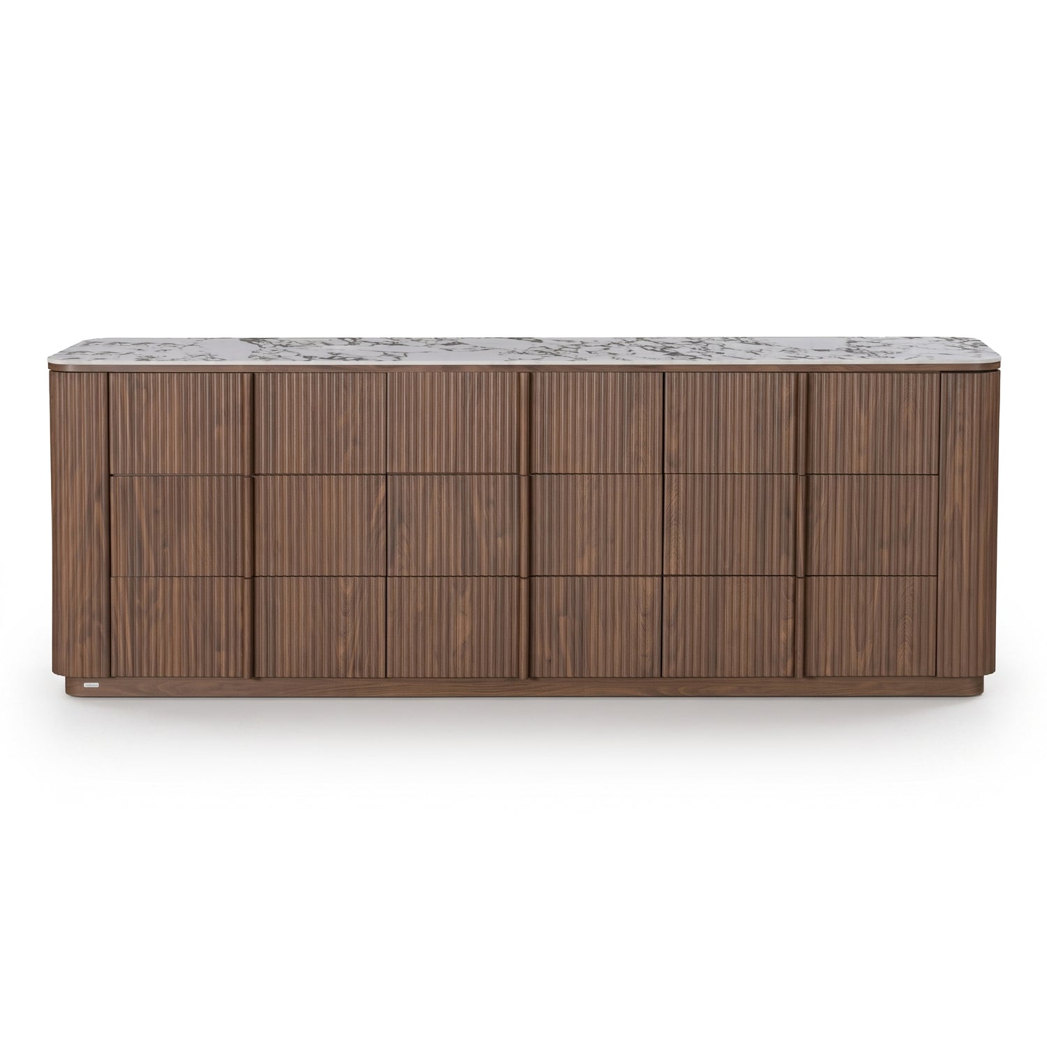 Full sideboard with fluted wood front and marble top on a white background