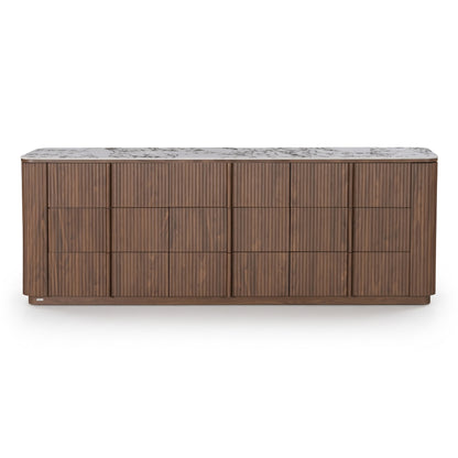 Full sideboard with fluted wood front and marble top on a white background